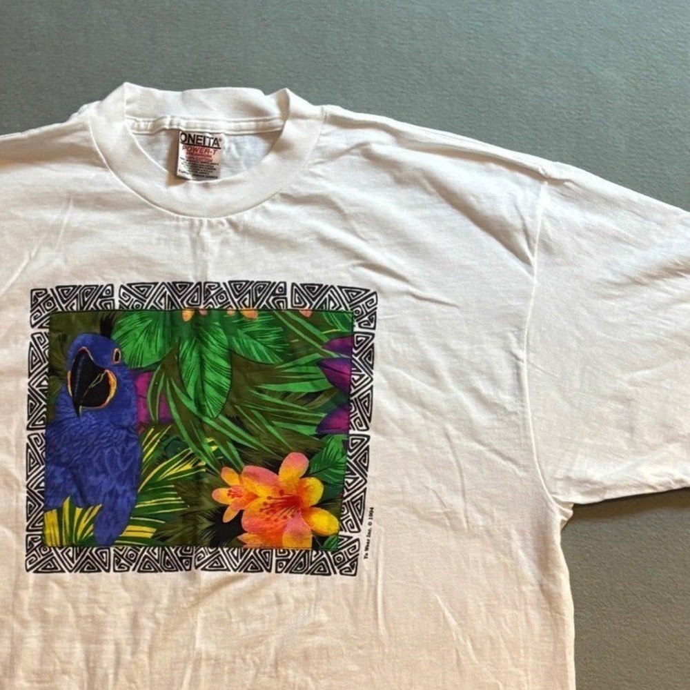 VTG 90s Yo Wear Applique Oneita Power-T Parrot Tropical XL Single Stitch 90s NOS